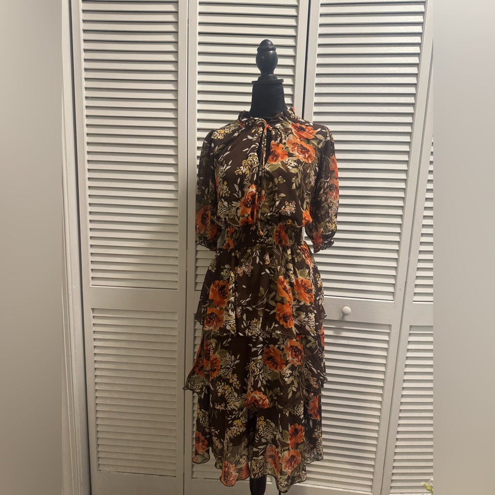 Brown midi dress with orange and green floral prints